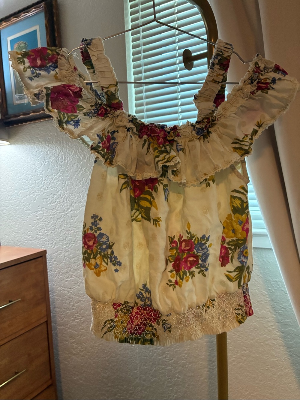 House of Harlow 1960 Cream Floral Ruffle Smocked Camisole